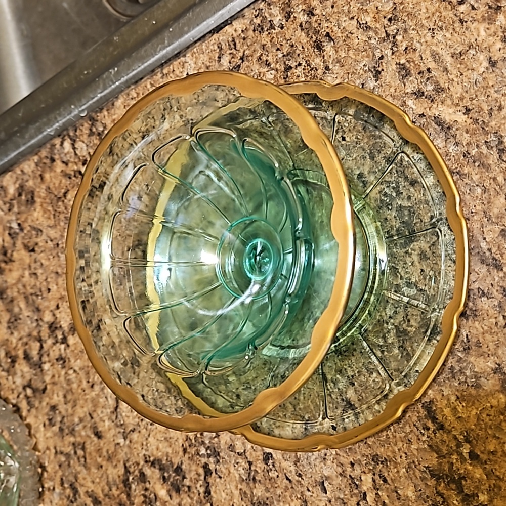 1930's Green Uranium Depression Glass w/Gold Trim Bowl & Underplate